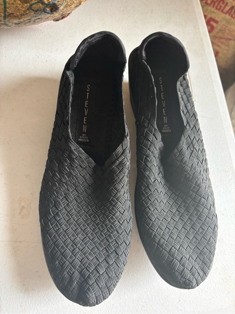 Steve Madden Black Woven Slip-On Loafers — Stretch Knit Upper